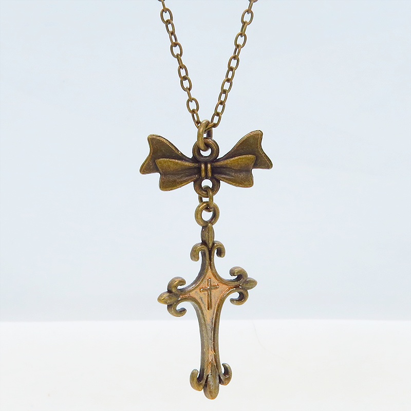 アンティークゴールド ゴシック調ロザリオとリボンのスリムなネックレス 長さ調整可