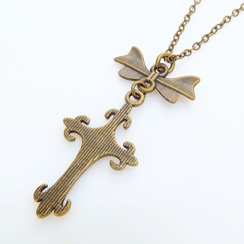 アンティークゴールド ゴシック調ロザリオとリボンのスリムなネックレス 長さ調整可