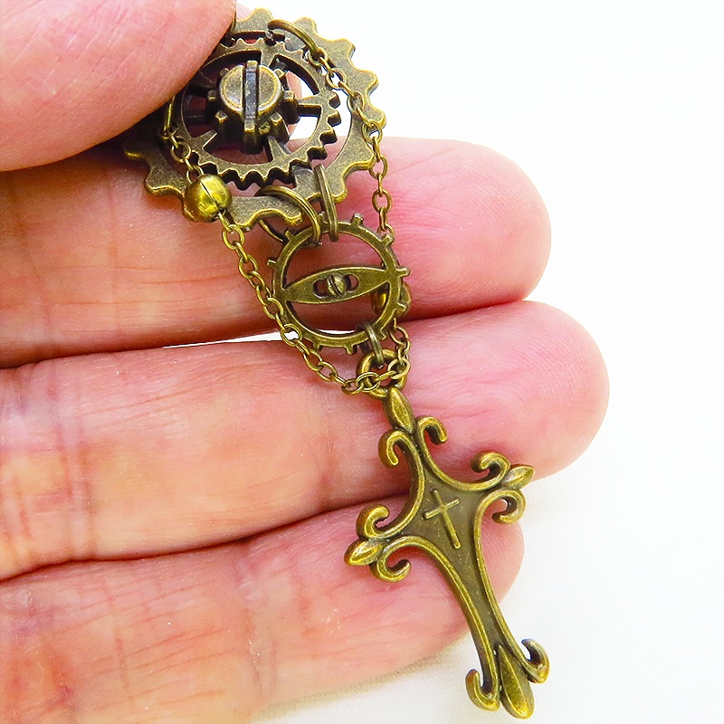 アンティークゴールド ロザリオと歯車のスチームパンク風ピアス チェーン ゴシック