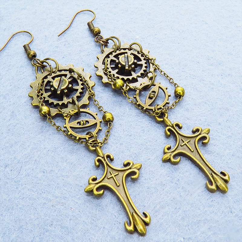 アンティークゴールド ロザリオと歯車のスチームパンク風ピアス チェーン ゴシック