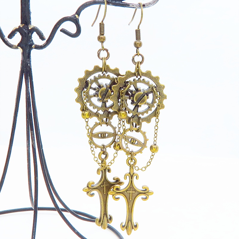 アンティークゴールド ロザリオと歯車のスチームパンク風ピアス チェーン ゴシック