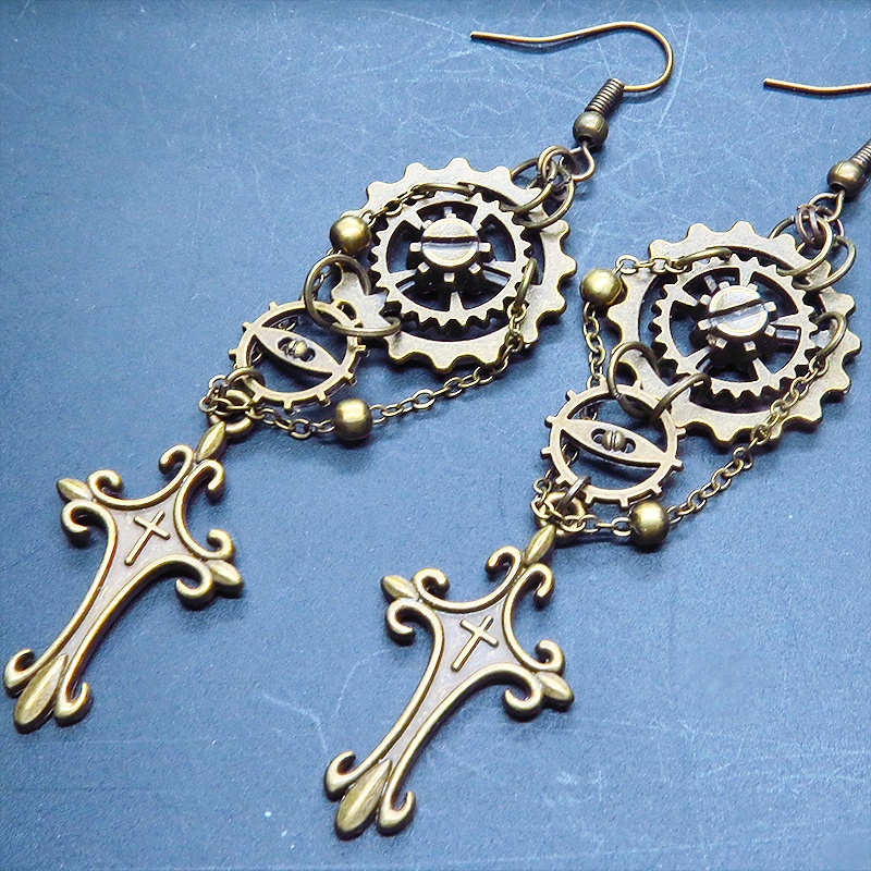 アンティークゴールド ロザリオと歯車のスチームパンク風ピアス チェーン ゴシック