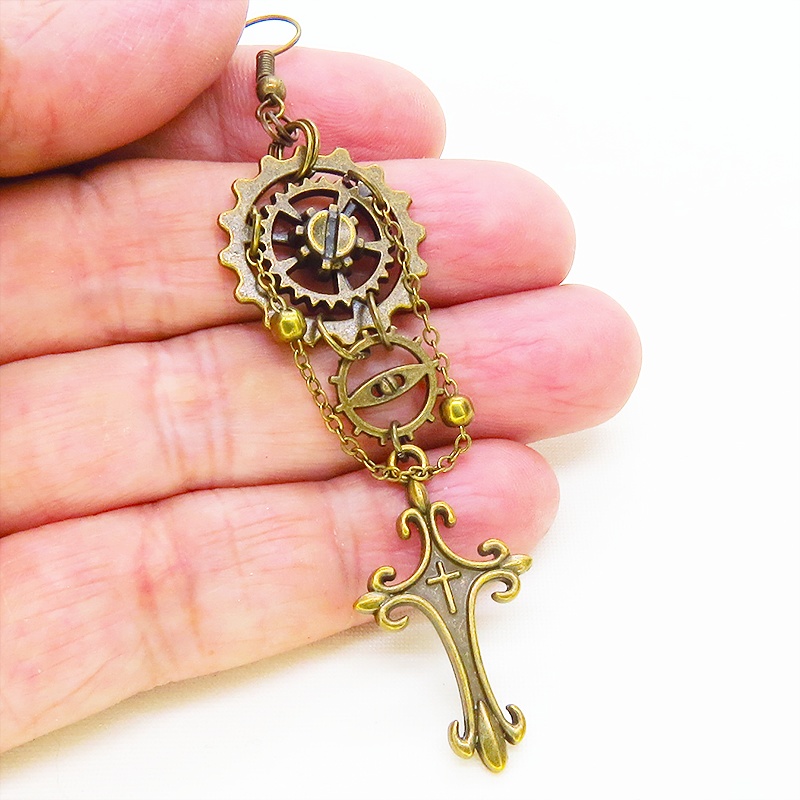 アンティークゴールド ロザリオと歯車のスチームパンク風ピアス チェーン ゴシック