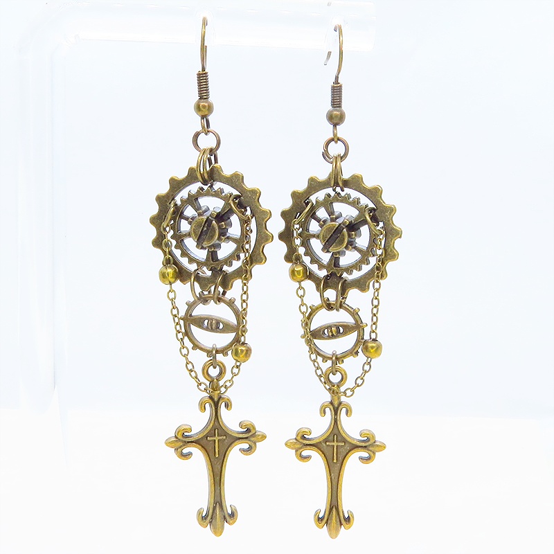 アンティークゴールド ロザリオと歯車のスチームパンク風ピアス チェーン ゴシック