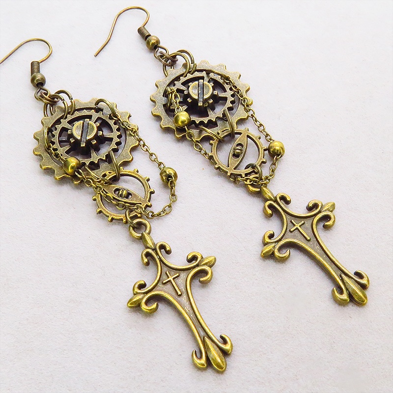 アンティークゴールド ロザリオと歯車のスチームパンク風ピアス チェーン ゴシック