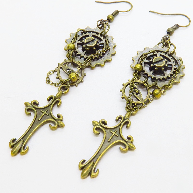 アンティークゴールド ロザリオと歯車のスチームパンク風ピアス チェーン ゴシック