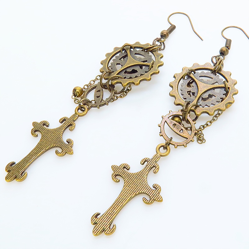 アンティークゴールド ロザリオと歯車のスチームパンク風ピアス チェーン ゴシック