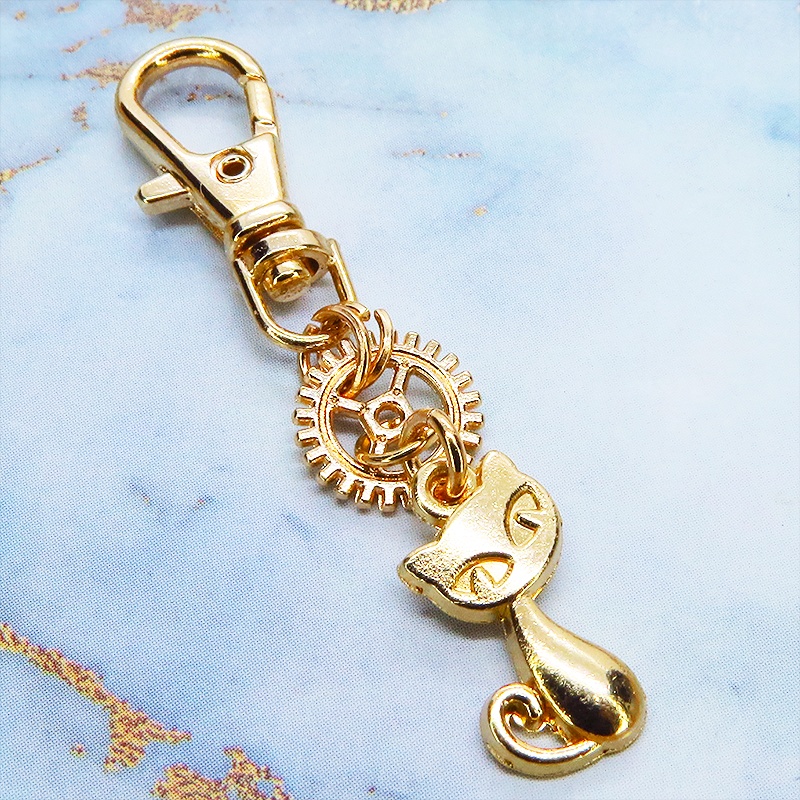 マットゴールド 猫と歯車のシンプルで可愛いファスナーチャーム キーホルダー バッグチャーム 金具変更可