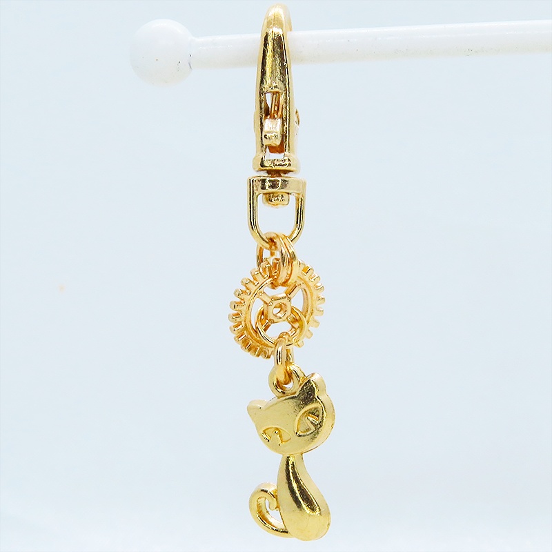 マットゴールド 猫と歯車のシンプルで可愛いファスナーチャーム キーホルダー バッグチャーム 金具変更可