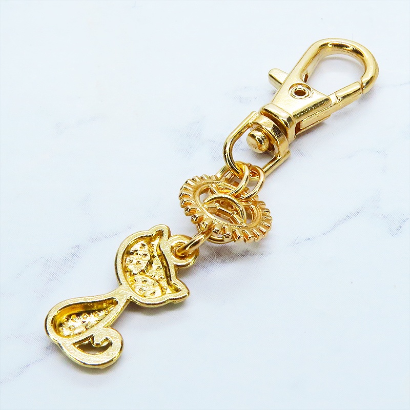 マットゴールド 猫と歯車のシンプルで可愛いファスナーチャーム キーホルダー バッグチャーム 金具変更可