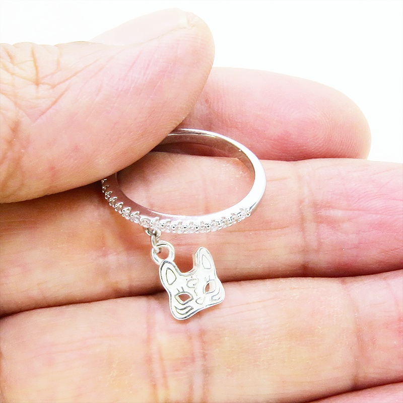 シルバー925 猫フェイスモチーフのコンパクトなリングキュービックジルコニア サイズ13号