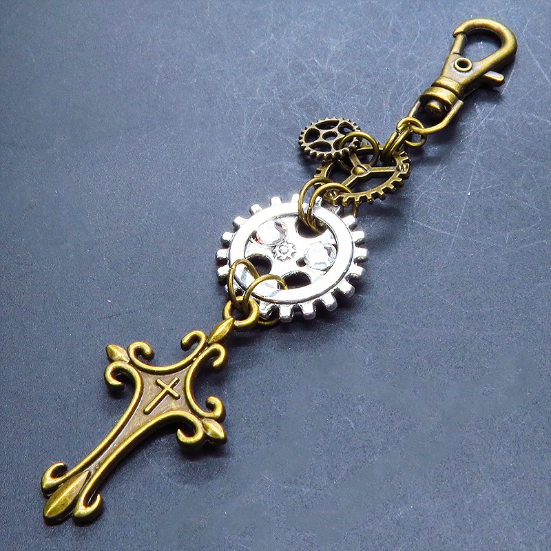 アンティークゴールド ロザリオと複数の歯車を組合せたスチームパンク風キーホルダー 金具変更可