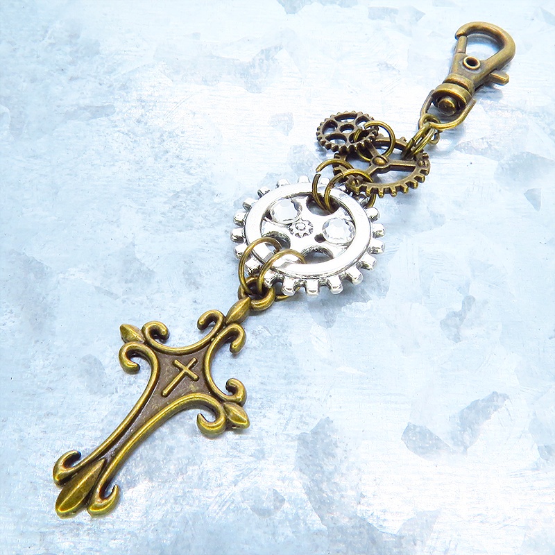 アンティークゴールド ロザリオと複数の歯車を組合せたスチームパンク風キーホルダー 金具変更可