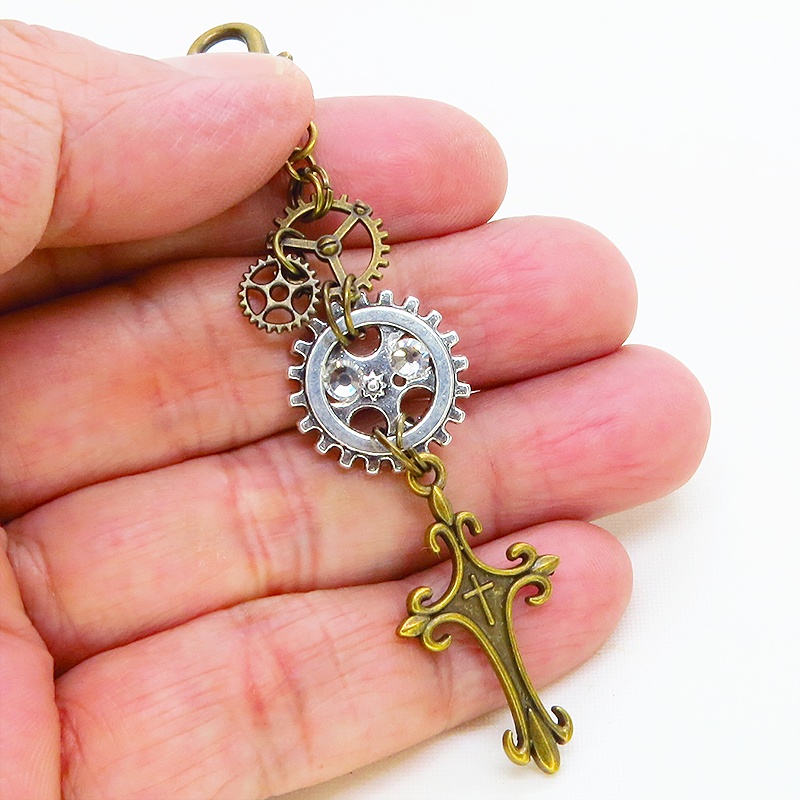 アンティークゴールド ロザリオと複数の歯車を組合せたスチームパンク風キーホルダー 金具変更可