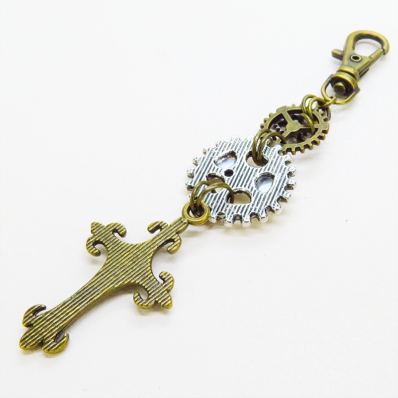 アンティークゴールド ロザリオと複数の歯車を組合せたスチームパンク風キーホルダー 金具変更可