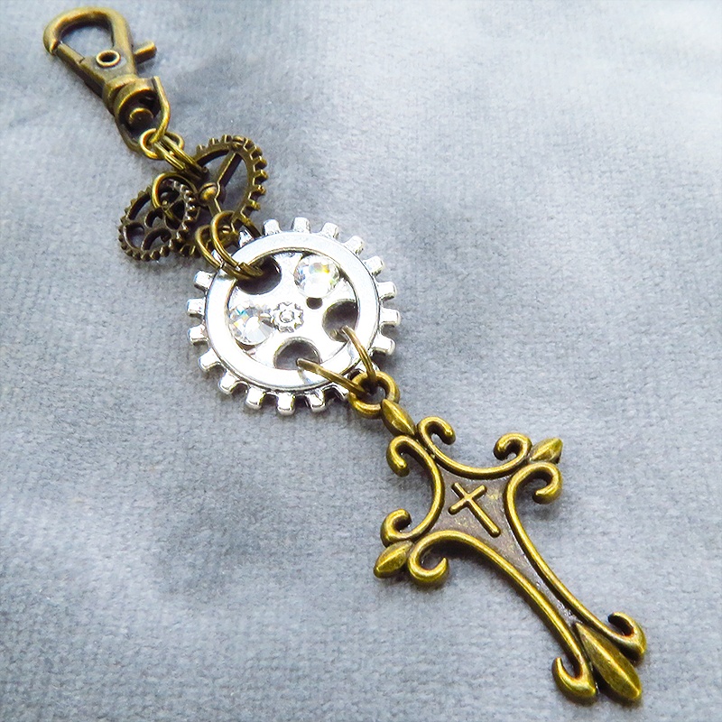 アンティークゴールド ロザリオと複数の歯車を組合せたスチームパンク風キーホルダー 金具変更可