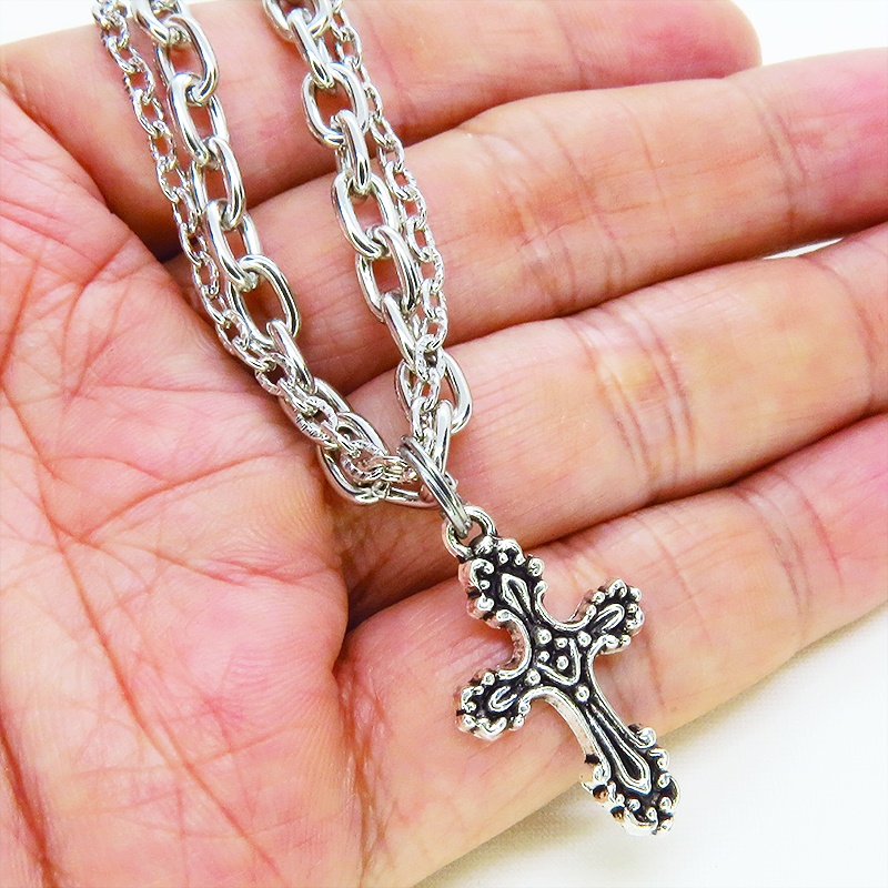 シルバカラー ゴシック調ロザリオのダブルチェーンブレスレット パンク・ロック メンズ レディース