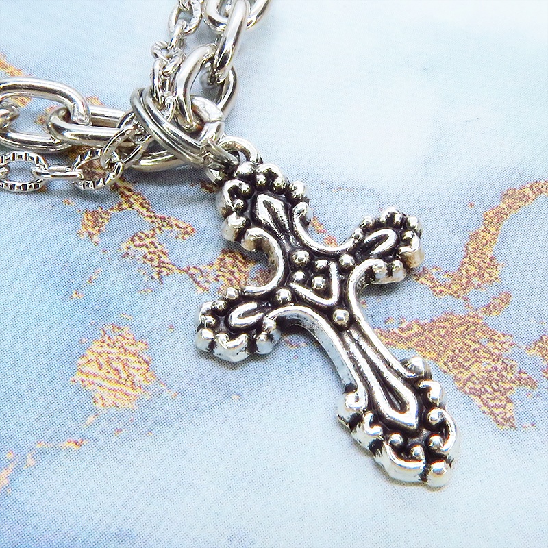 シルバカラー ゴシック調ロザリオのダブルチェーンブレスレット パンク・ロック メンズ レディース