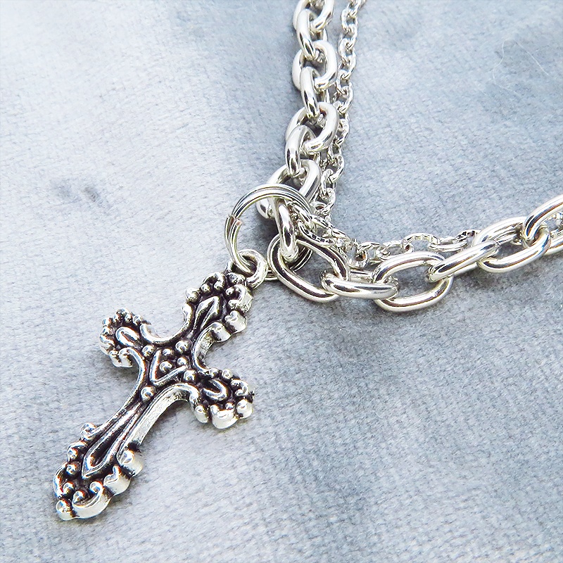 シルバカラー ゴシック調ロザリオのダブルチェーンブレスレット パンク・ロック メンズ レディース