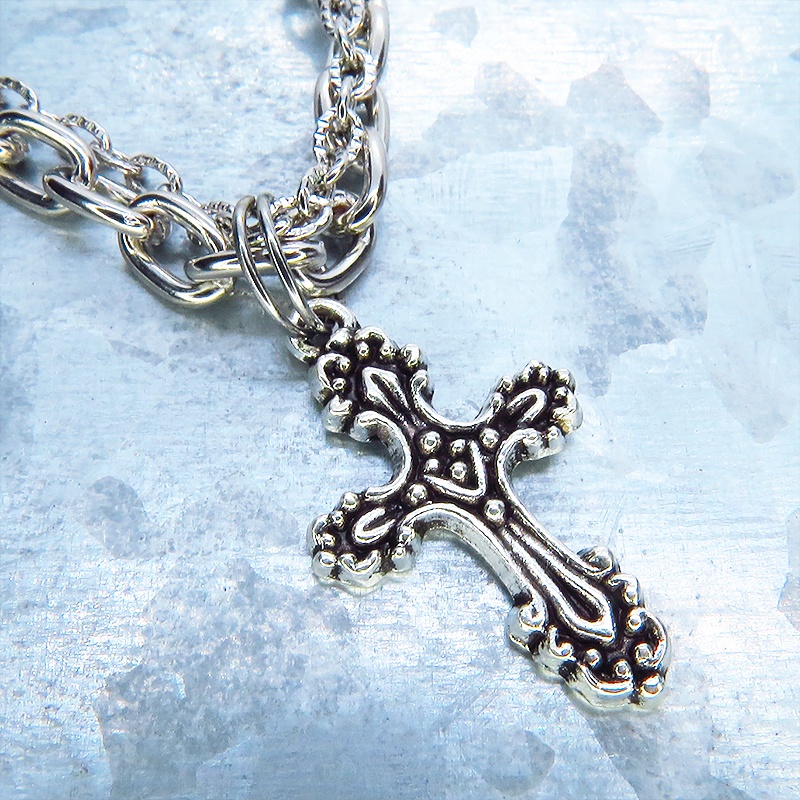 シルバカラー ゴシック調ロザリオのダブルチェーンブレスレット パンク・ロック メンズ レディース