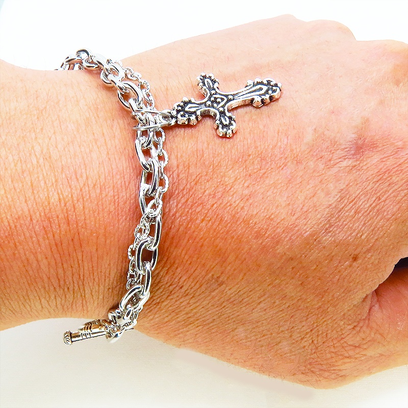 シルバカラー ゴシック調ロザリオのダブルチェーンブレスレット パンク・ロック メンズ レディース