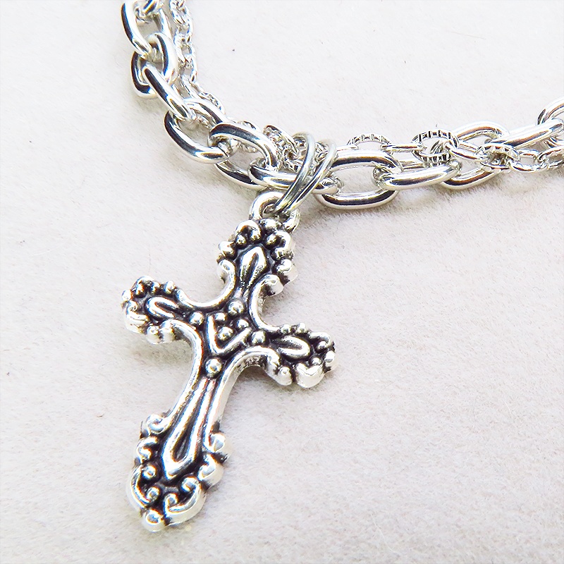 シルバカラー ゴシック調ロザリオのダブルチェーンブレスレット パンク・ロック メンズ レディース