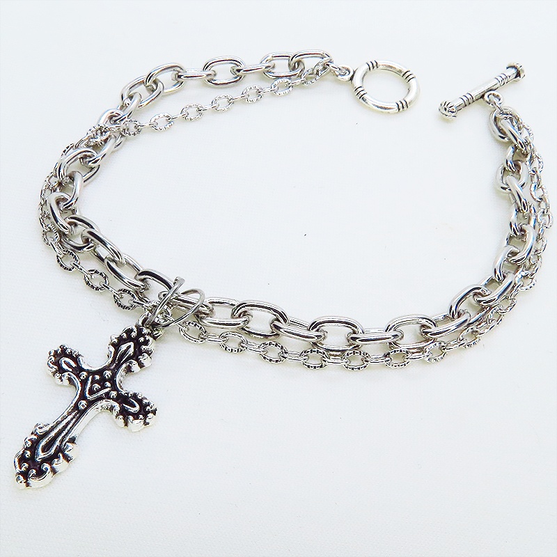 シルバカラー ゴシック調ロザリオのダブルチェーンブレスレット パンク・ロック メンズ レディース