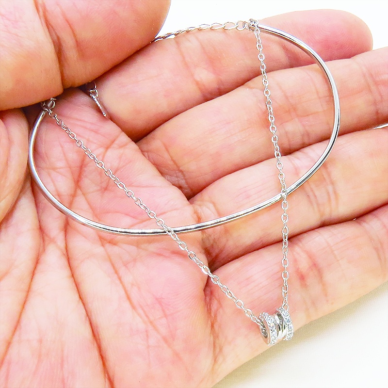 シルバー925 バングルとのダブルチェーンブレスレット キュービックジルコニア