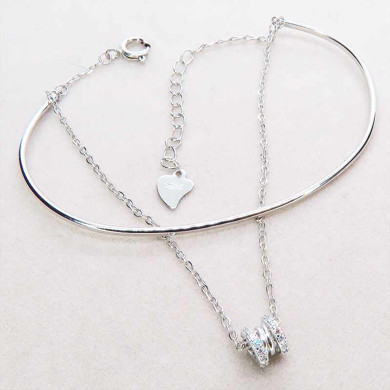 シルバー925 バングルとのダブルチェーンブレスレット キュービックジルコニア