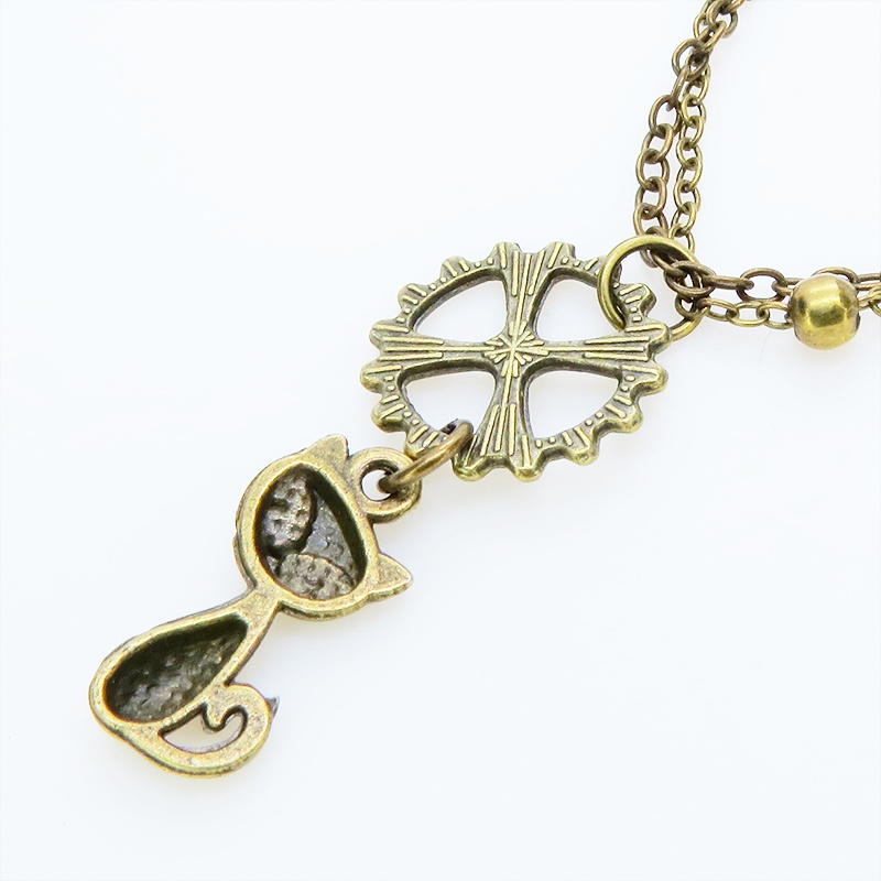 アンティークゴールド 猫と歯車モチーフのダブルチェーンブレスレット ビーズ付チェーン アジャスター可