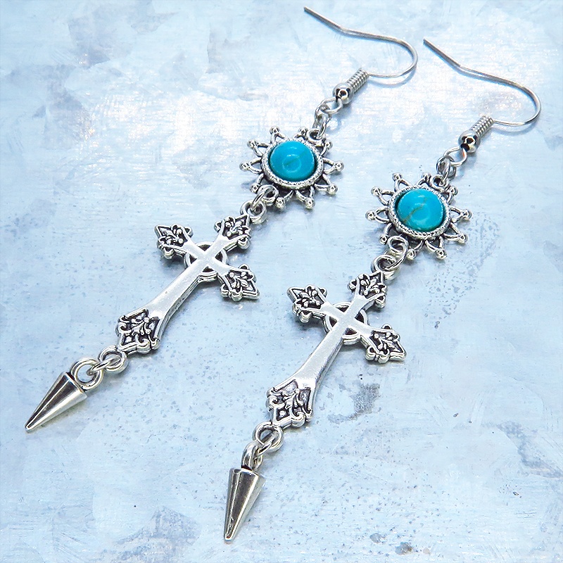 アンティークシルバー ゴシック調ロザリオとターコイズのひまわりをつなげたデザインピアス サージカル可