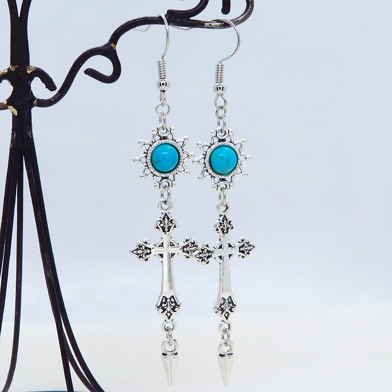 アンティークシルバー ゴシック調ロザリオとターコイズのひまわりをつなげたデザインピアス サージカル可