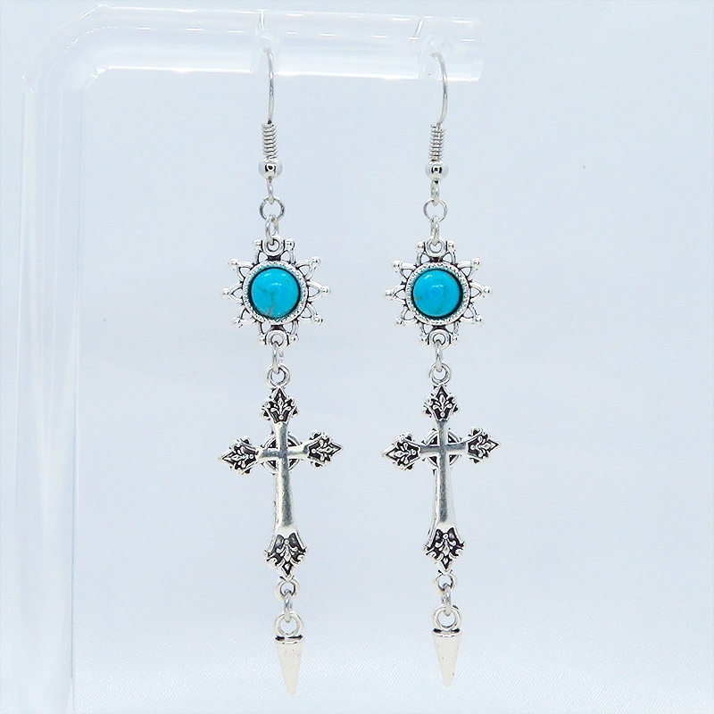 アンティークシルバー ゴシック調ロザリオとターコイズのひまわりをつなげたデザインピアス サージカル可