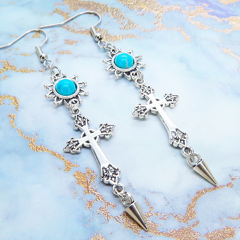 アンティークシルバー ゴシック調ロザリオとターコイズのひまわりをつなげたデザインピアス サージカル可
