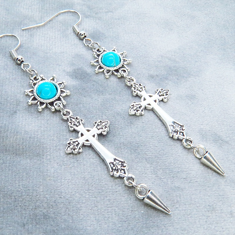 アンティークシルバー ゴシック調ロザリオとターコイズのひまわりをつなげたデザインピアス サージカル可