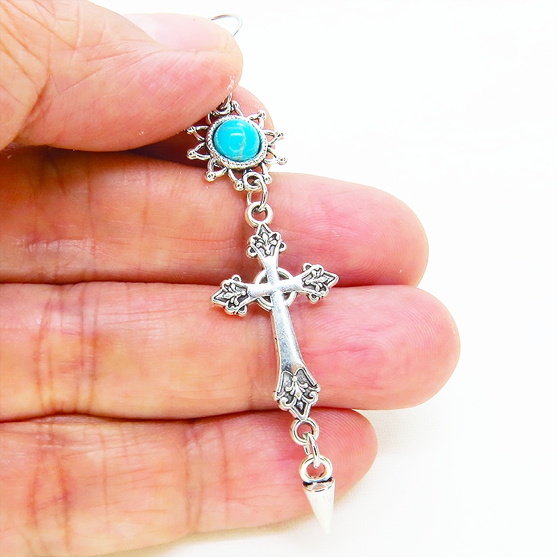 アンティークシルバー ゴシック調ロザリオとターコイズのひまわりをつなげたデザインピアス サージカル可