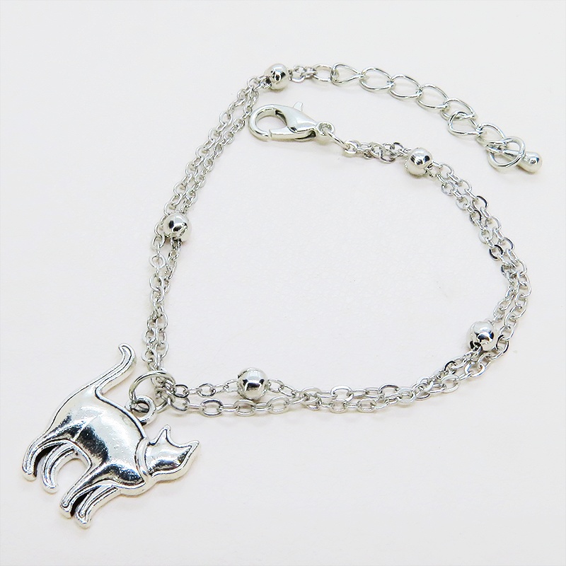 シルバーカラー 歩き猫のダブルチェーンブレスレット ビーズ付チェーン アジャスター付