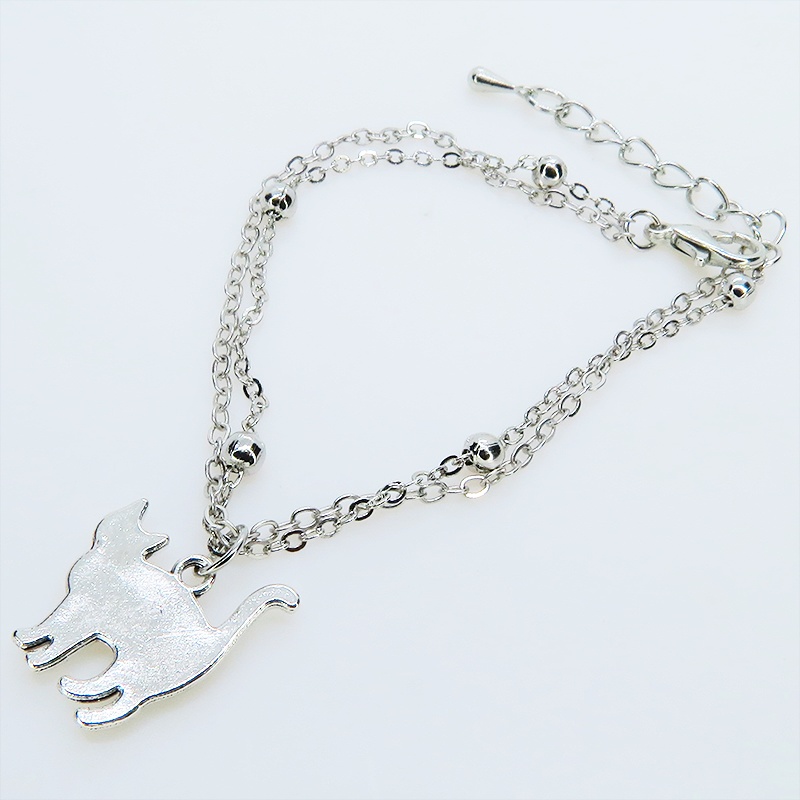 シルバーカラー 歩き猫のダブルチェーンブレスレット ビーズ付チェーン アジャスター付