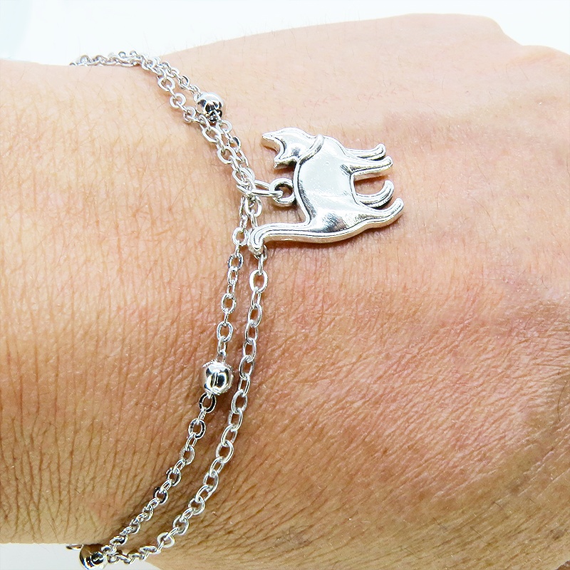 シルバーカラー 歩き猫のダブルチェーンブレスレット ビーズ付チェーン アジャスター付