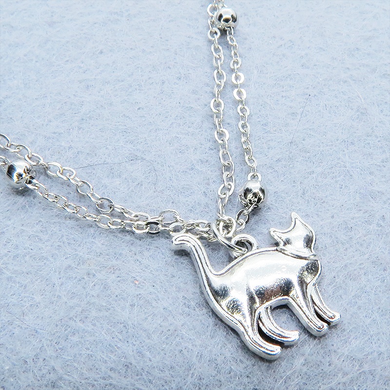 シルバーカラー 歩き猫のダブルチェーンブレスレット ビーズ付チェーン アジャスター付