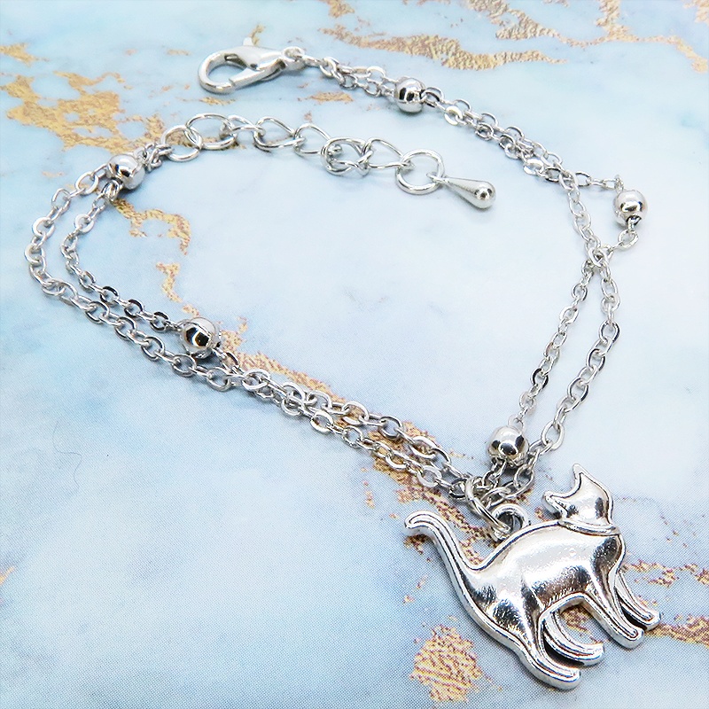 シルバーカラー 歩き猫のダブルチェーンブレスレット ビーズ付チェーン アジャスター付