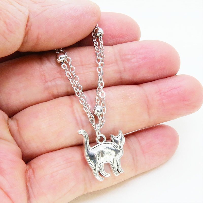 シルバーカラー 歩き猫のダブルチェーンブレスレット ビーズ付チェーン アジャスター付