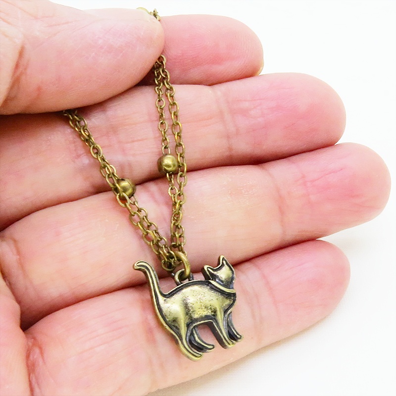 アンティークゴールド 歩き猫のダブルチェーンブレスレット ビーズ付チェーン アジャスター付