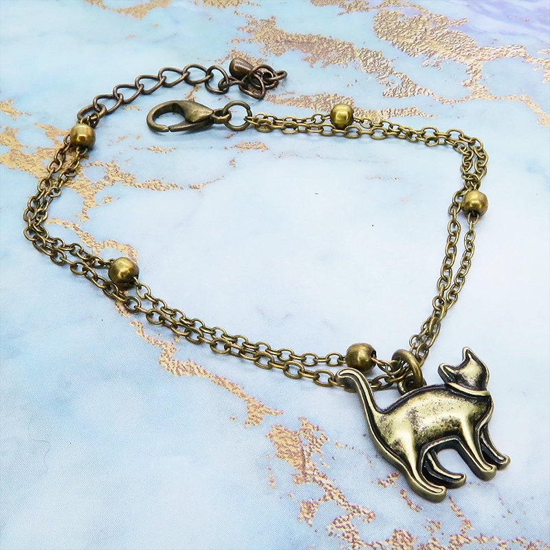 アンティークゴールド 歩き猫のダブルチェーンブレスレット ビーズ付チェーン アジャスター付