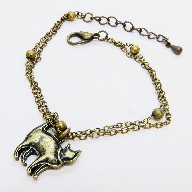 アンティークゴールド 歩き猫のダブルチェーンブレスレット ビーズ付チェーン アジャスター付
