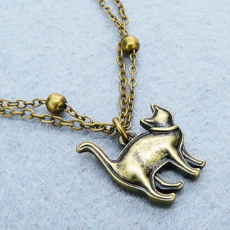 アンティークゴールド 歩き猫のダブルチェーンブレスレット ビーズ付チェーン アジャスター付