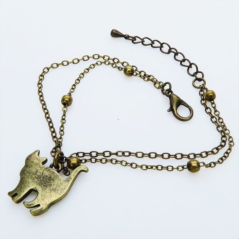 アンティークゴールド 歩き猫のダブルチェーンブレスレット ビーズ付チェーン アジャスター付