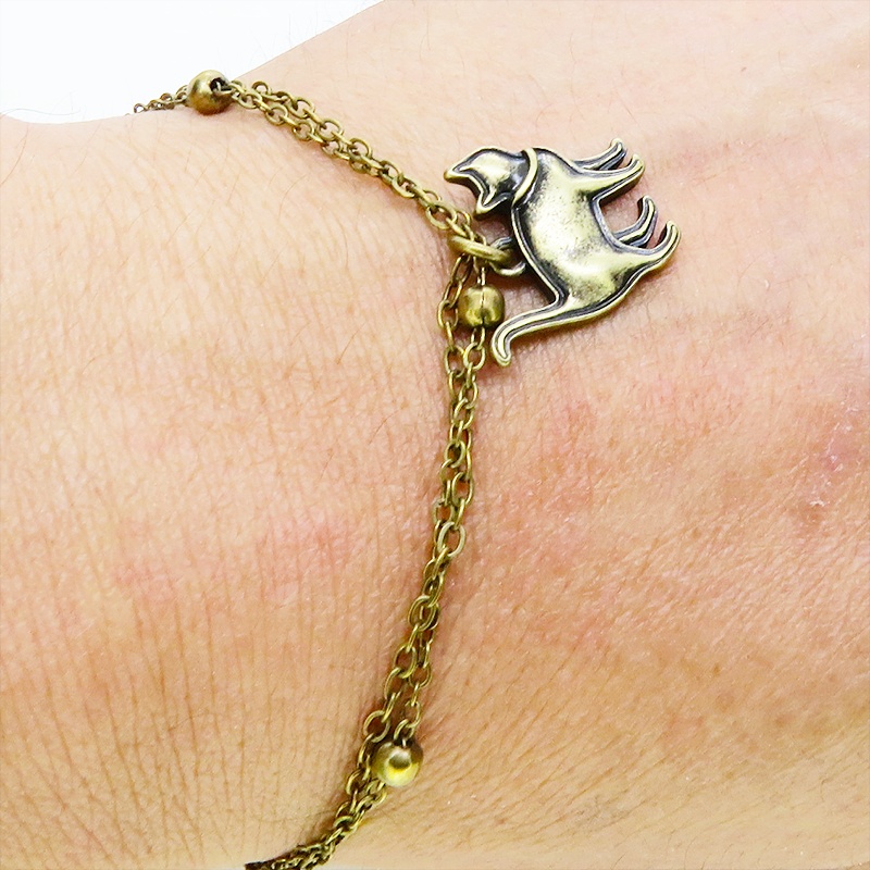 アンティークゴールド 歩き猫のダブルチェーンブレスレット ビーズ付チェーン アジャスター付
