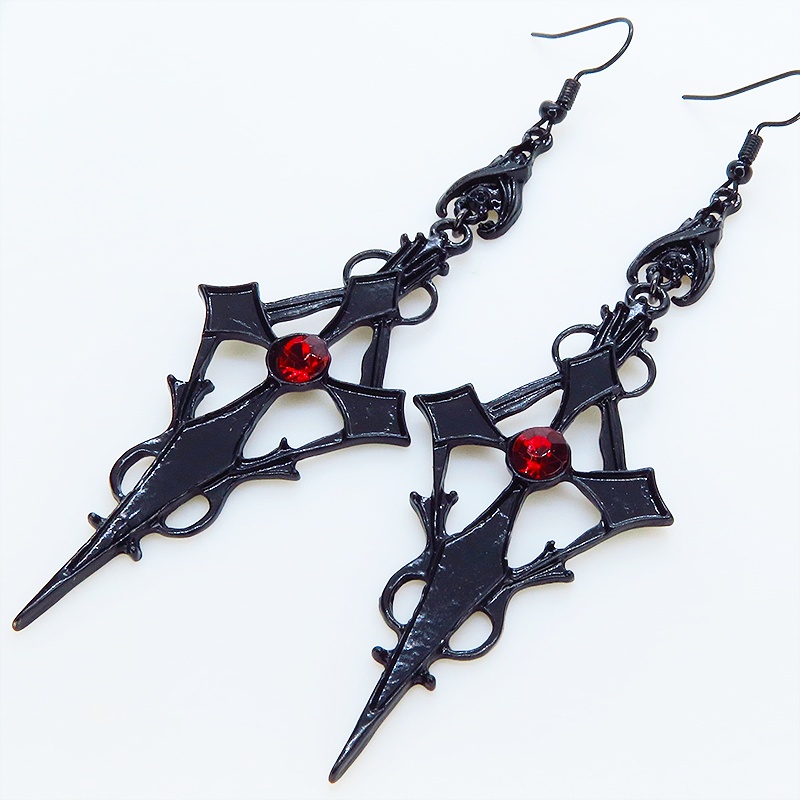 ゴシック調ブラックロザリオピアス レッドアイ バット コウモリ ロック パンク