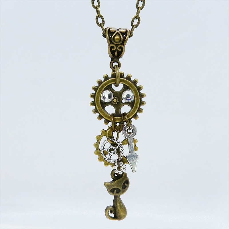 アンティークゴールド 猫と歯車のスチームパンク風ネックレス ラインストーン 長さ調整可 アジャスター可